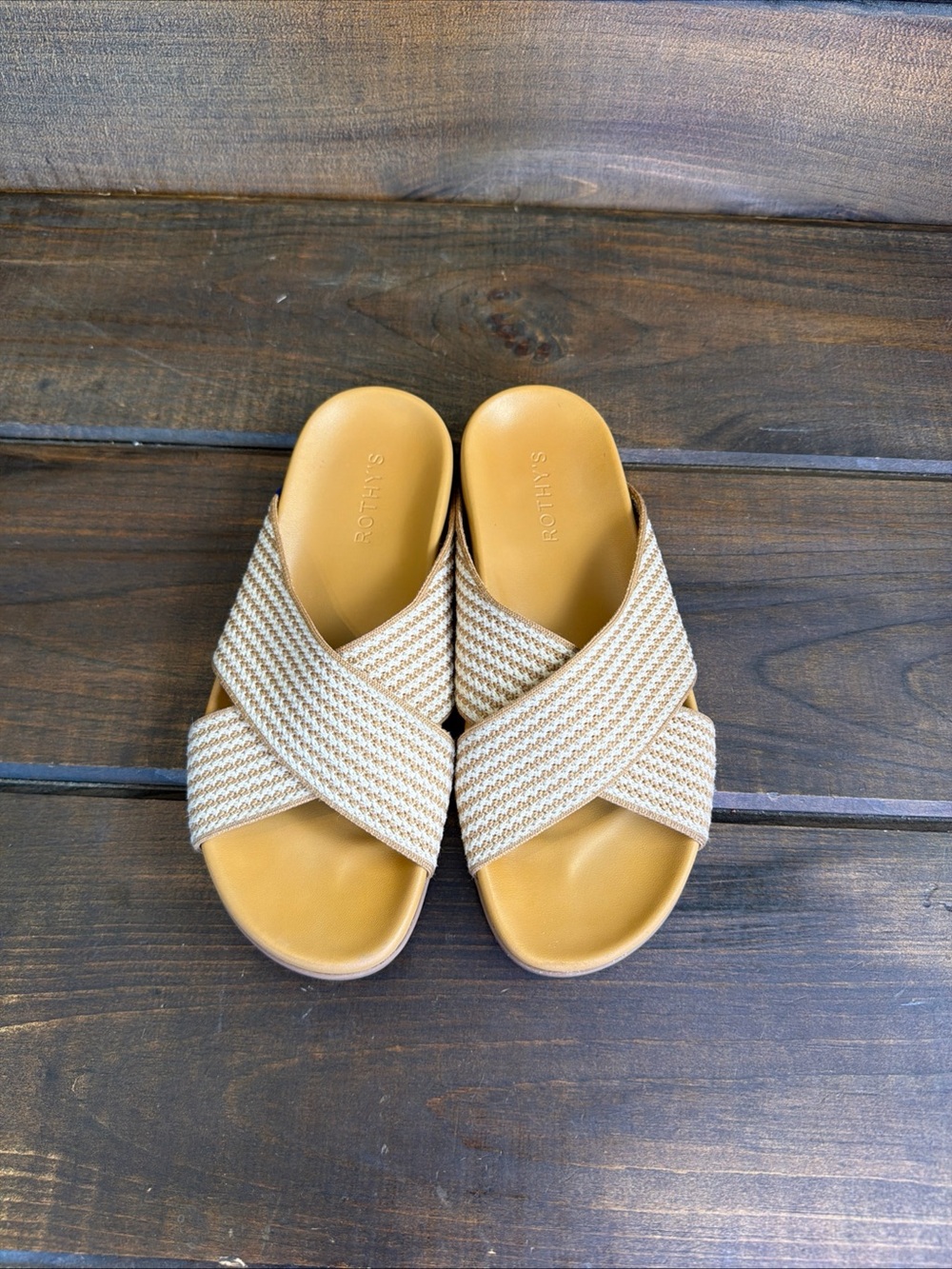 Rothy’s The Weekend Tan & Cream Knit Crisscross Sandals Slides Women Size 8